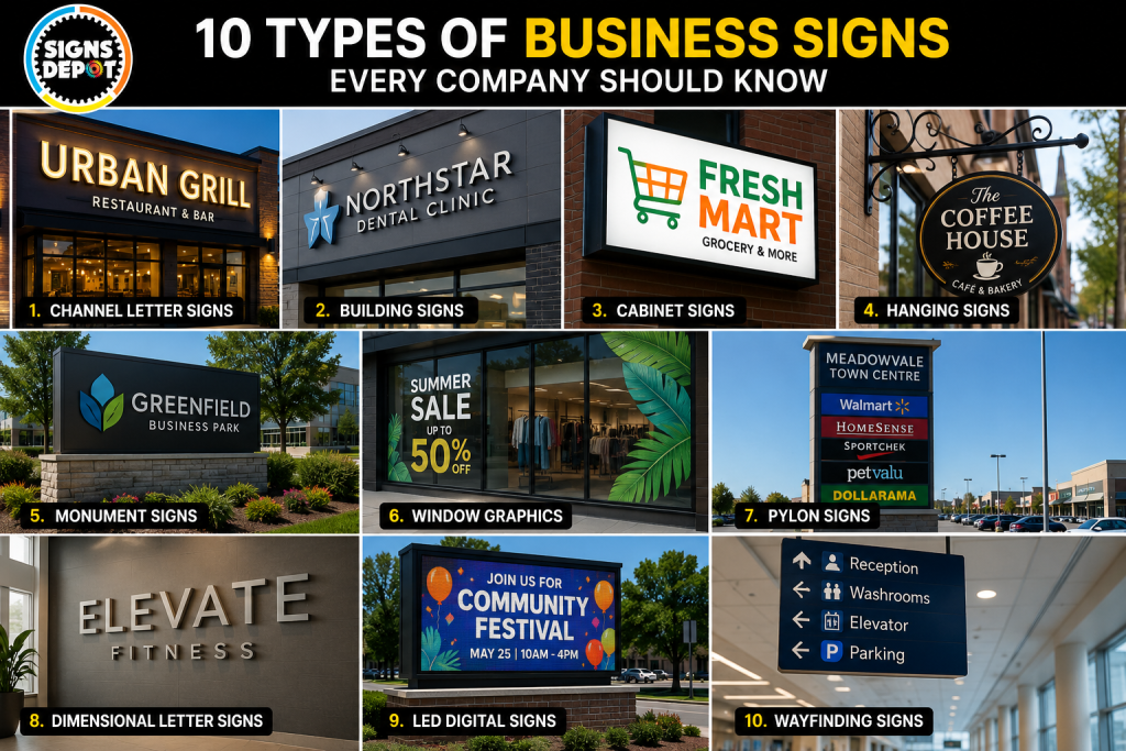 Different types of business signs for commercial buildings